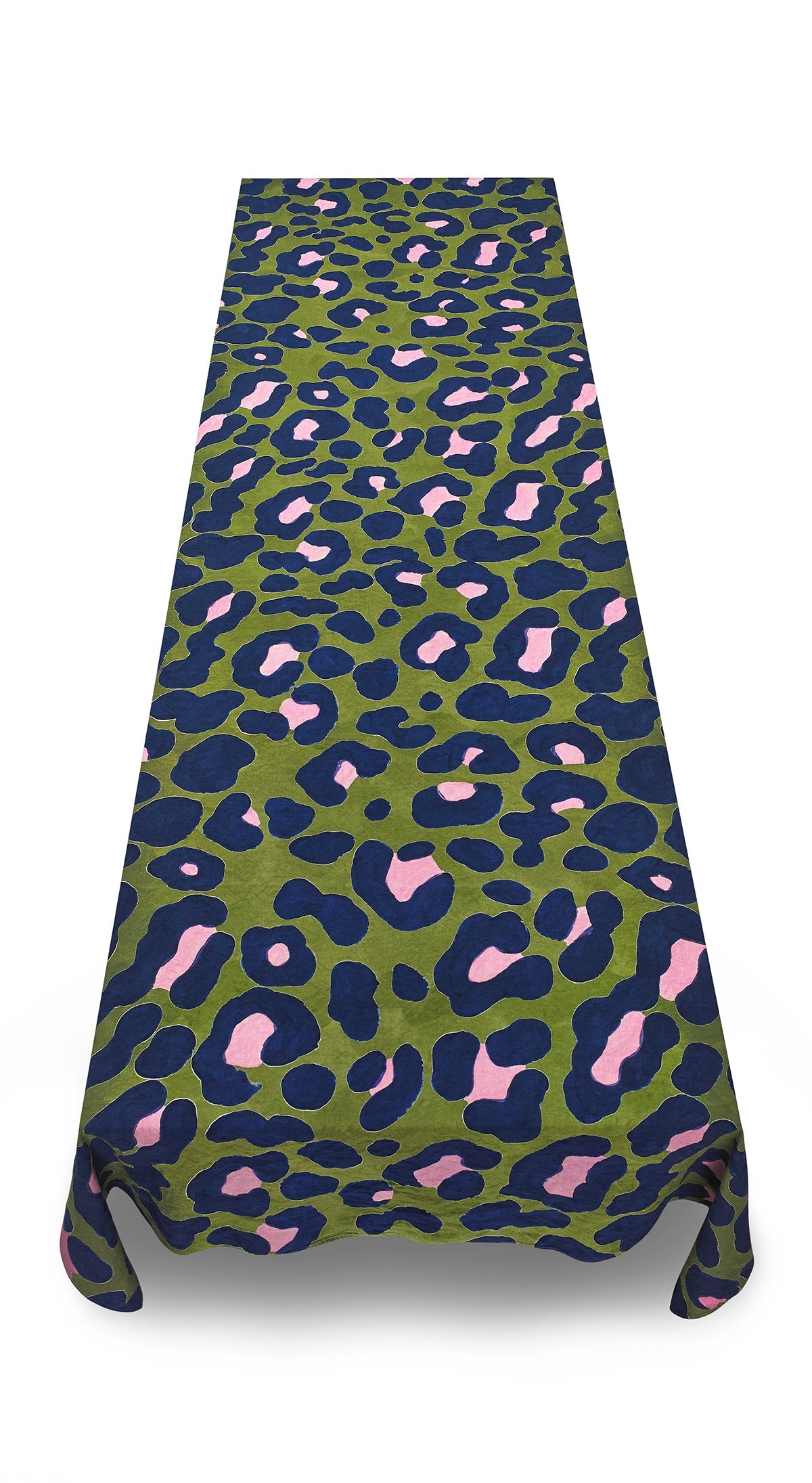 Fierce Leopard Linen Tablecloth in Avocado Green with Rose Pink And Ink Blue Spots