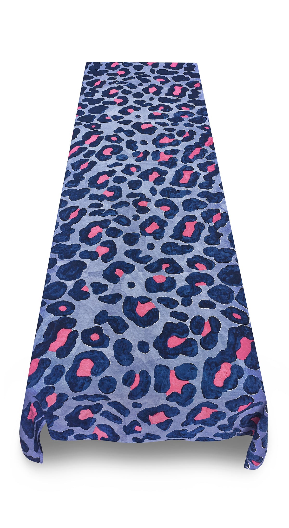 Fierce Leopard Linen Tablecloth in Powder Blue with Fuchsia Pink And Ink Blue Spots