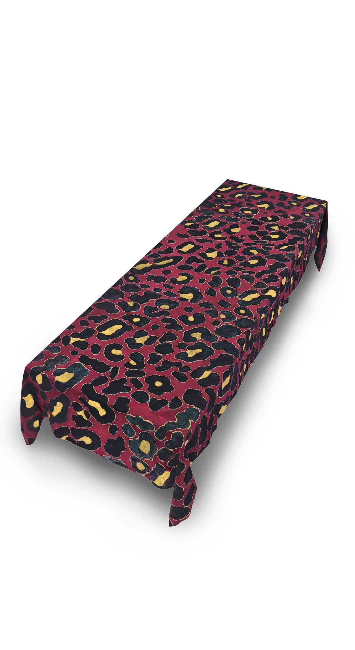 Fierce Leopard Linen Tablecloth in Burgundy with Gold And Smoke Grey Spots