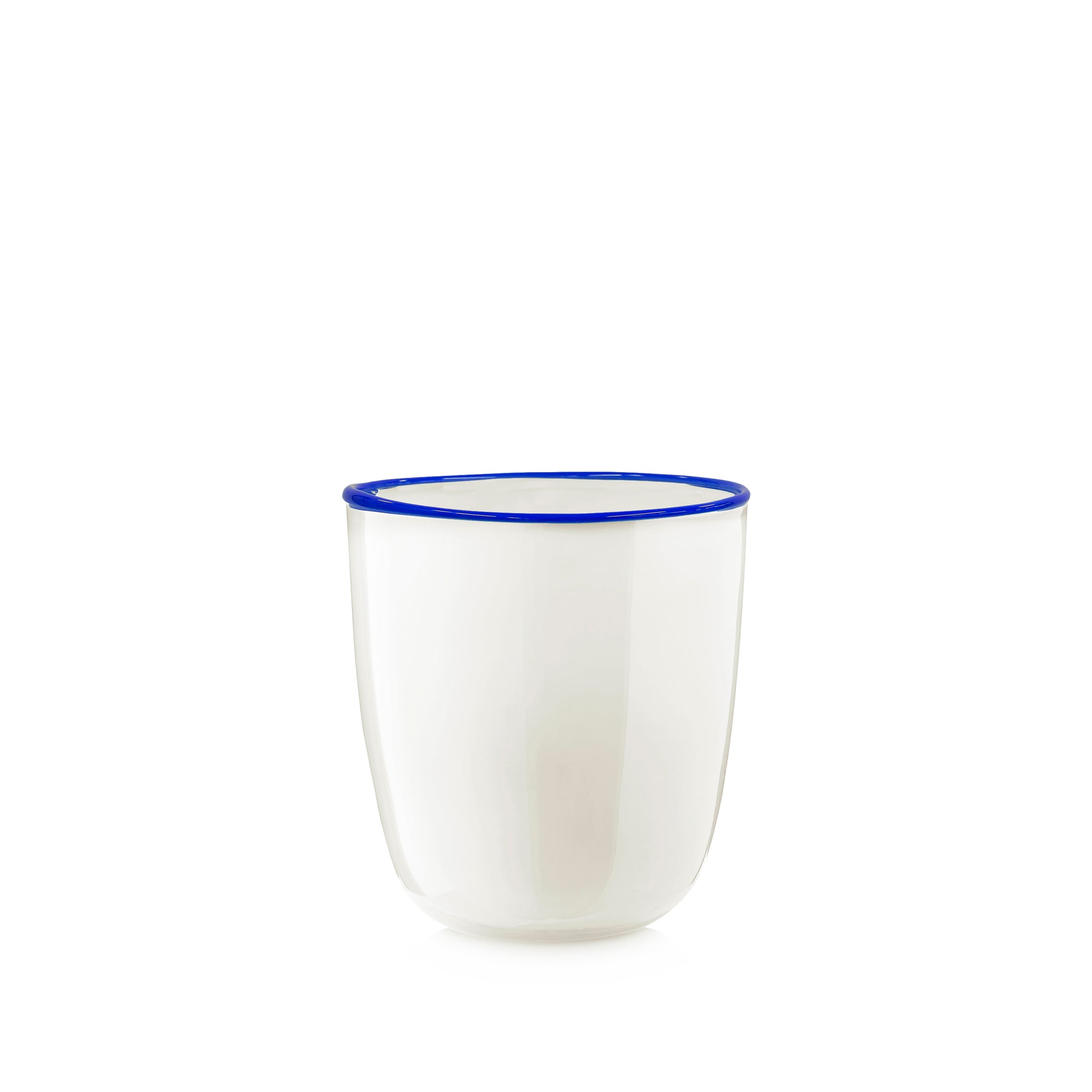 Handblown Bumba Glass Tumbler in White with Royal Blue Rim, 30cl