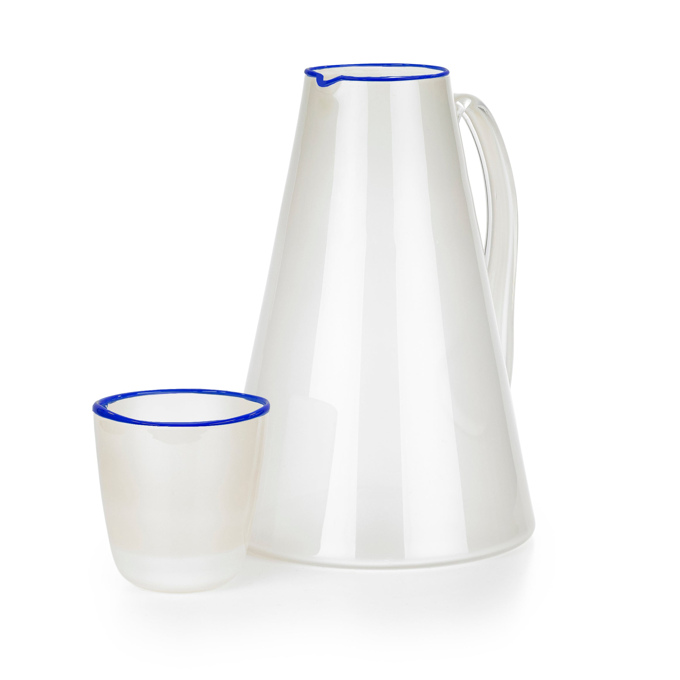 Handblown Bumba Glass in White with Royal Blue Rim, 30cl