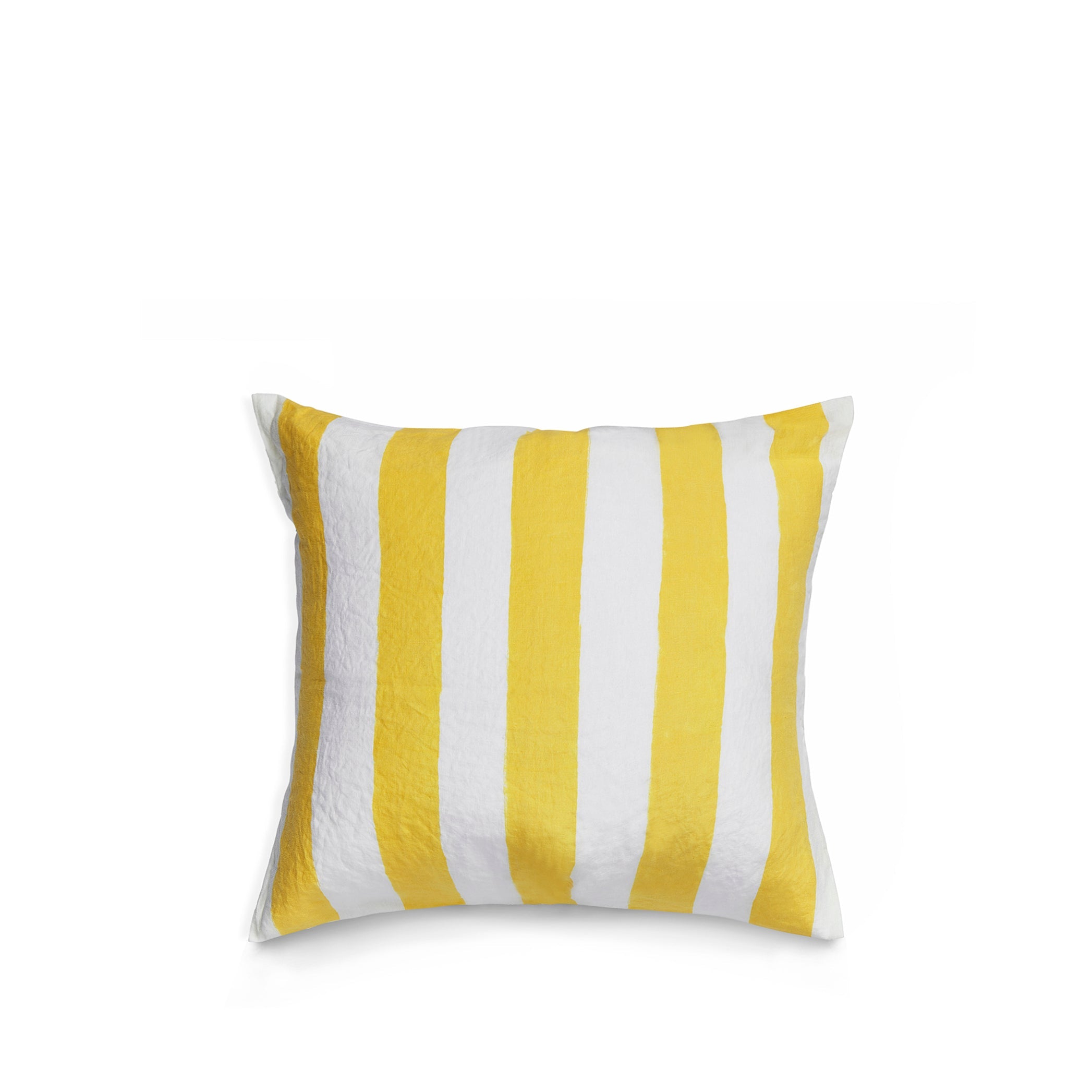 Hand Painted Stripe Linen Cushion in Lemon Yellow + White, 50cm x 50cm
