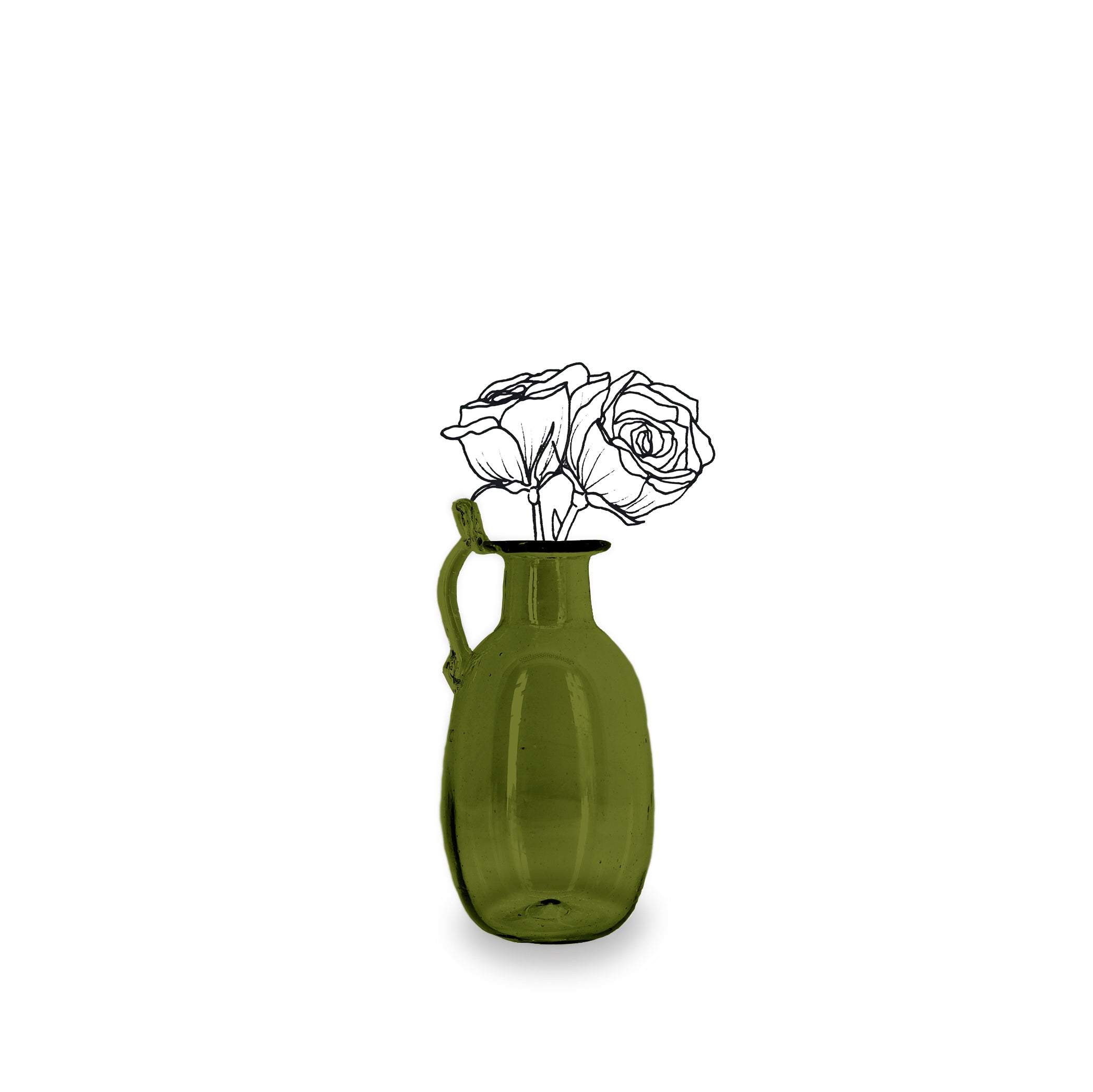 Handblown Glass Amour Vase with Handle in Olive Green, 12cm