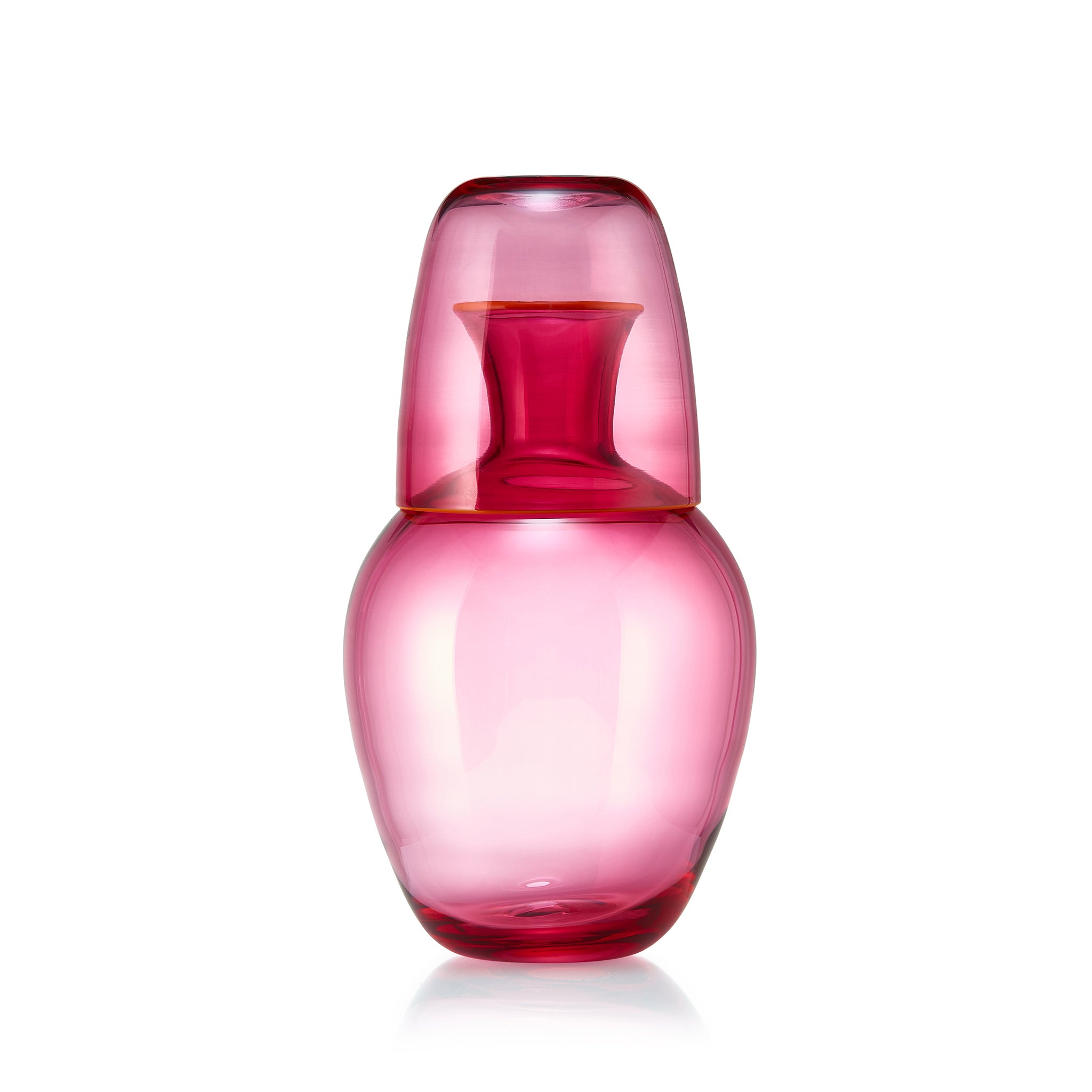 Handblown Glass Bumba Bedside Carafe and Tumbler Set in Fuchsia Pink with Orange Rim