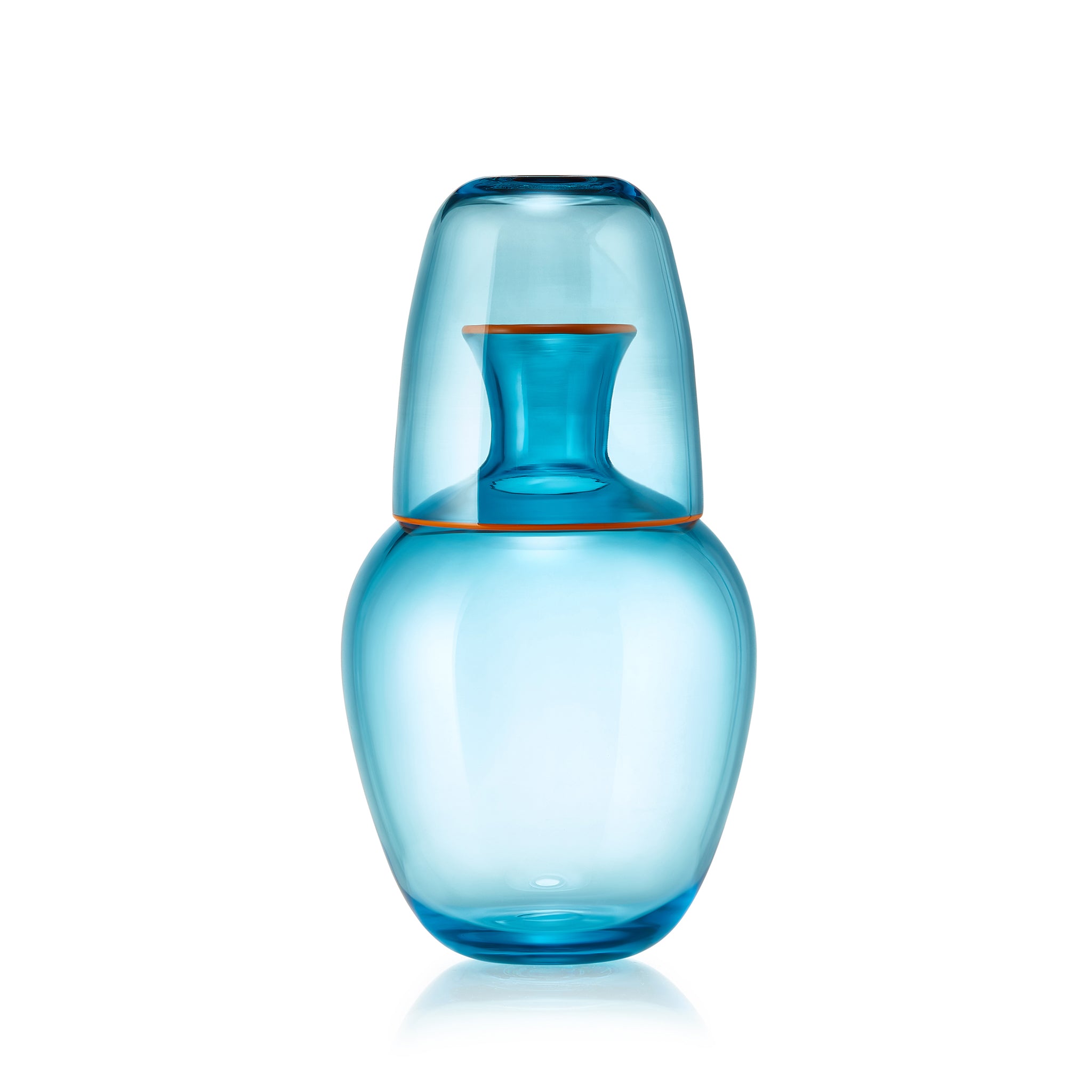 Handblown Glass Bumba Bedside Carafe and Glass Set in Turquoise with Orange Rim, 0.5L