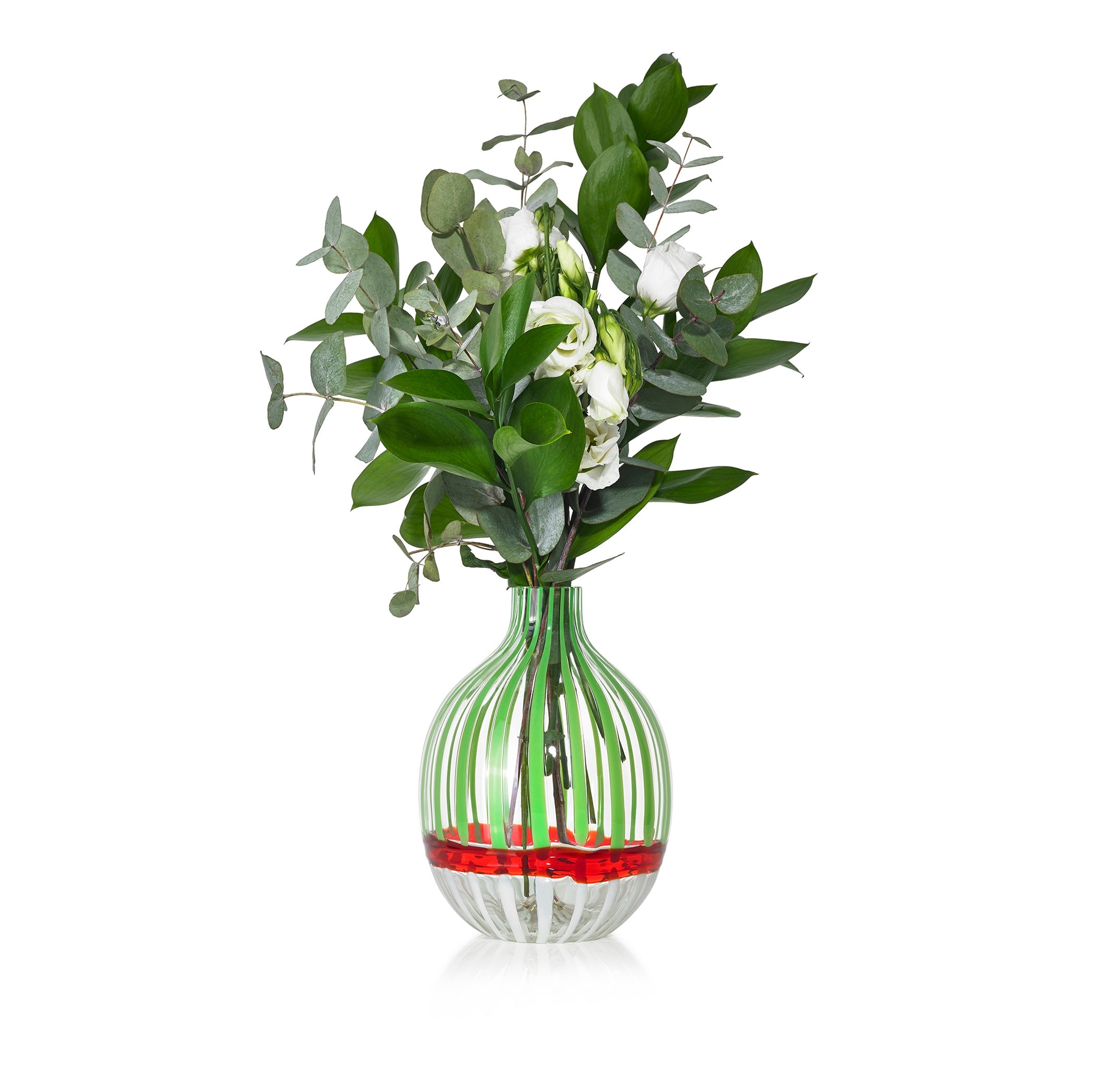 Handblown Double Stripe Glass Vase in Avocado Green, Red & White, 18cm