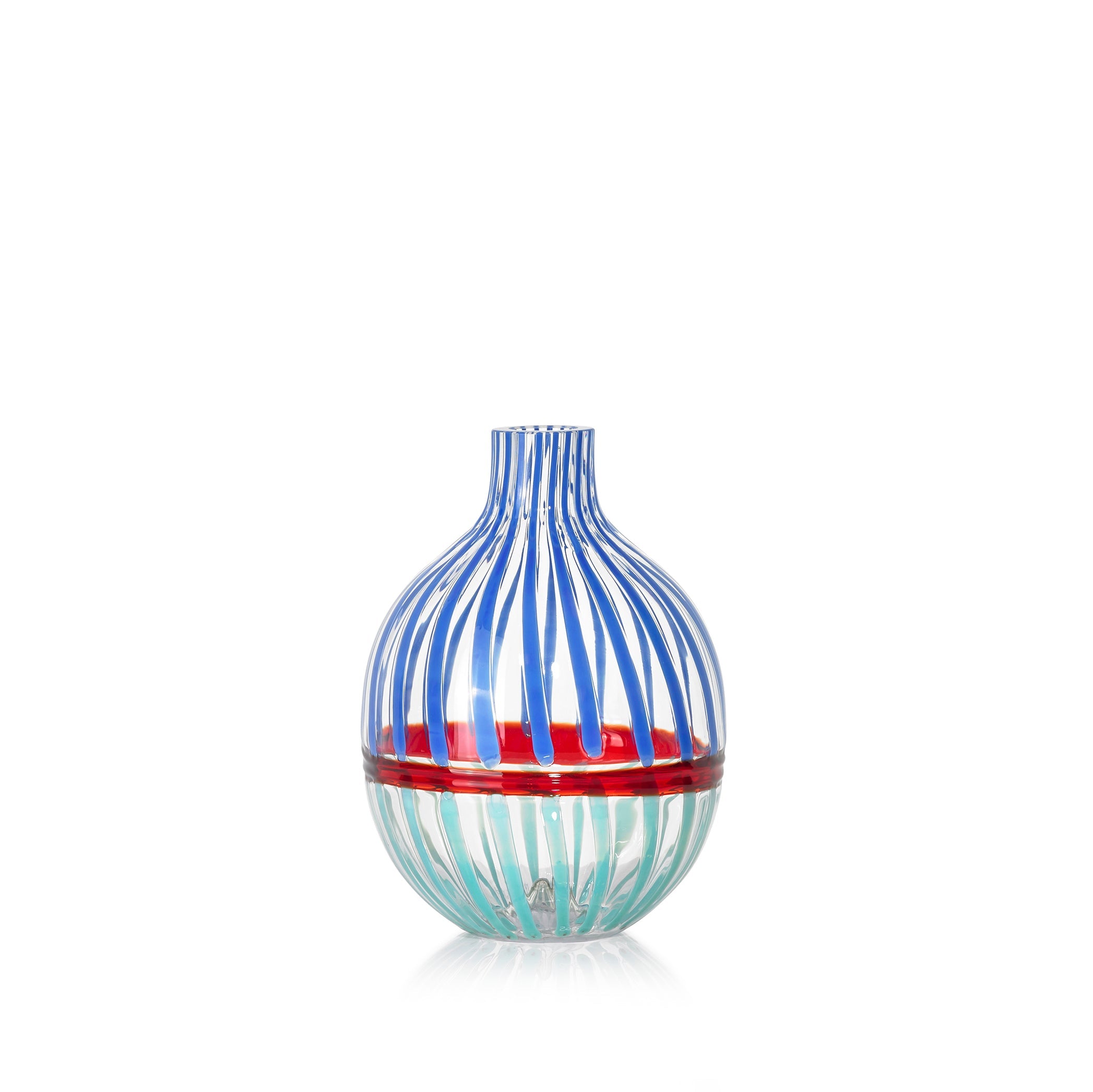 Handblown Double Stripe Glass Vase in Sky Blue, Red & Teal, 18cm