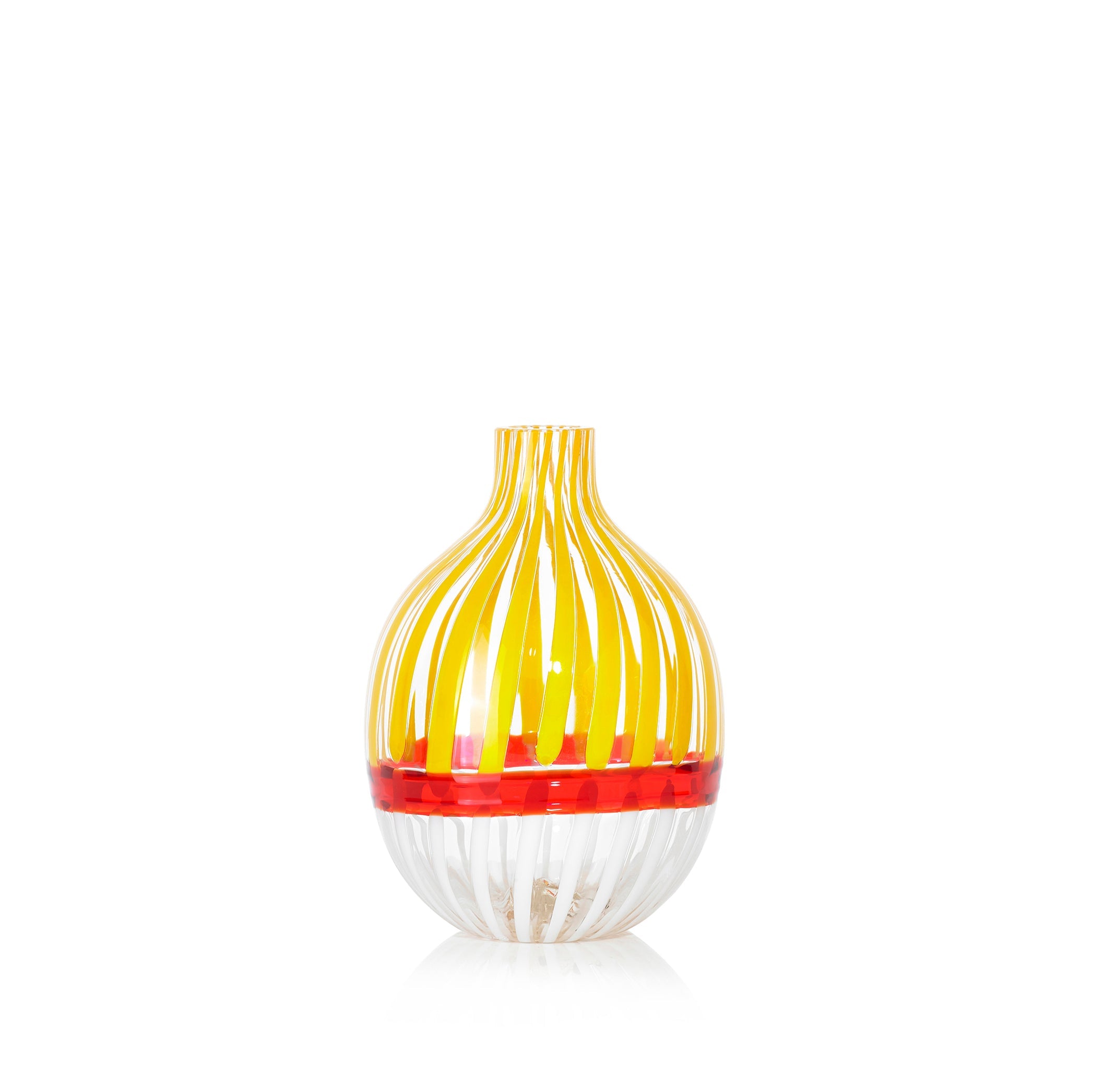 Handblown Double Stripe Glass Vase in Lemon Yellow, Red & White, 18cm