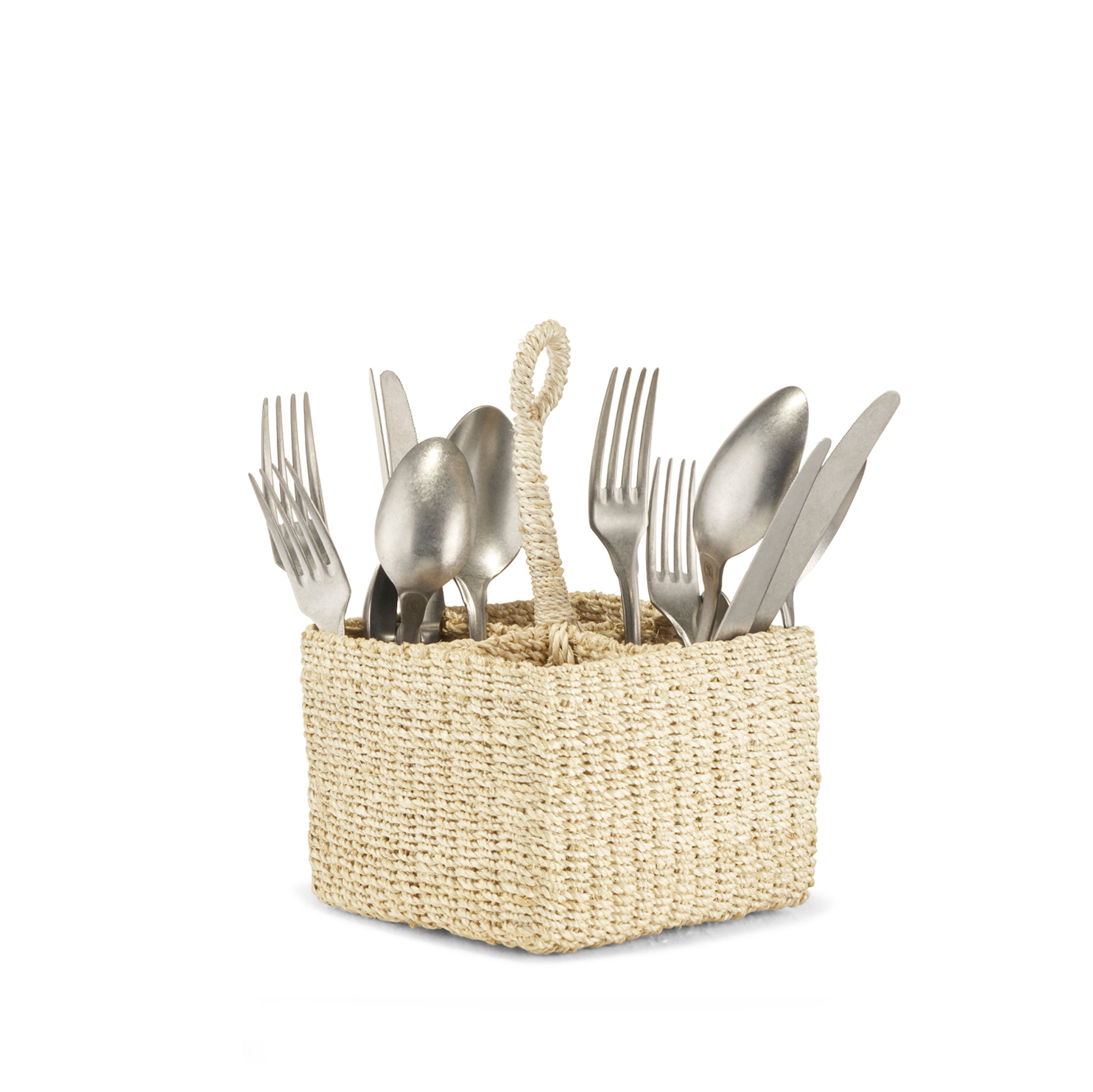 Abaca Small Woven Cutlery Basket With a Handle in Cream