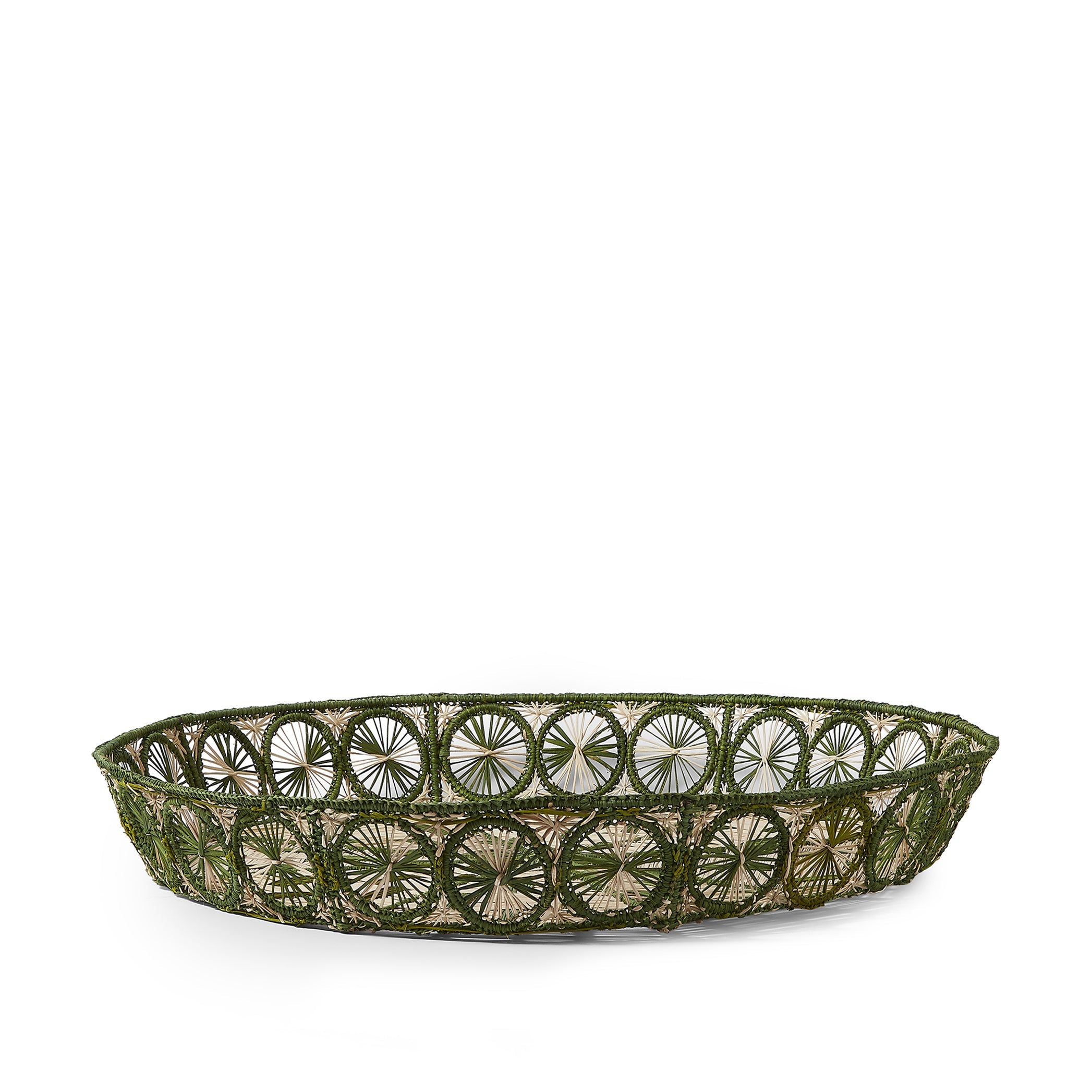 Handwoven Round Tray in Natural and Green, 50cm