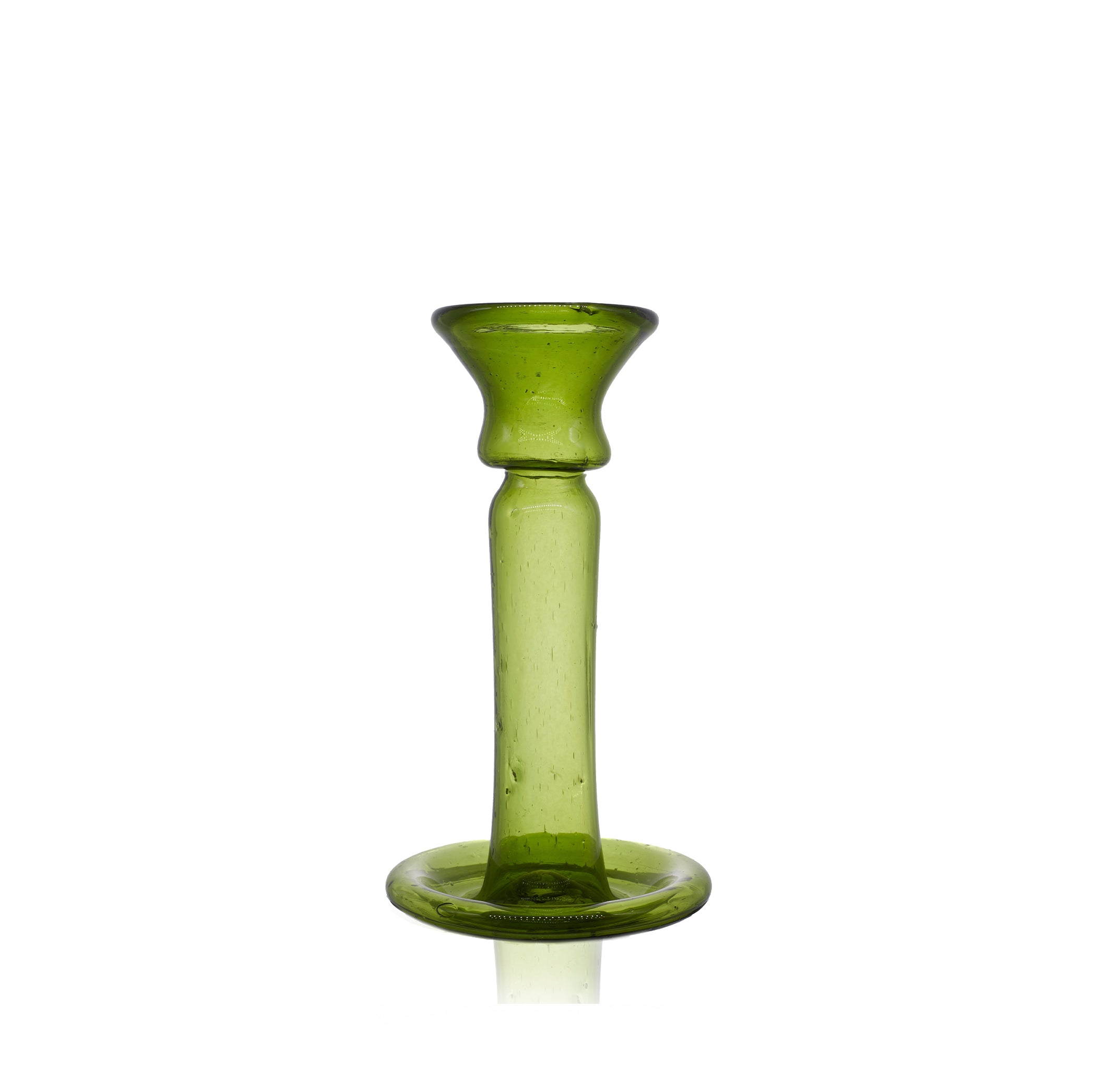 Handblown Large Glass Candlestick in Olive Green, 20cm