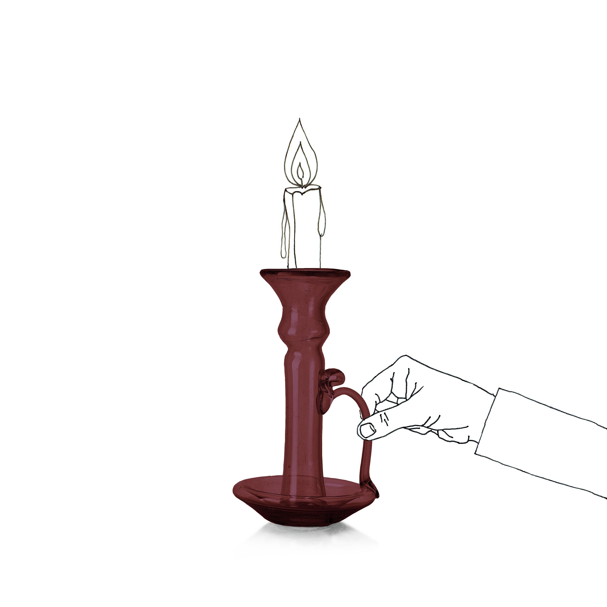 Handblown Glass Candlestick with Handle in Raspberry Red, 20cm