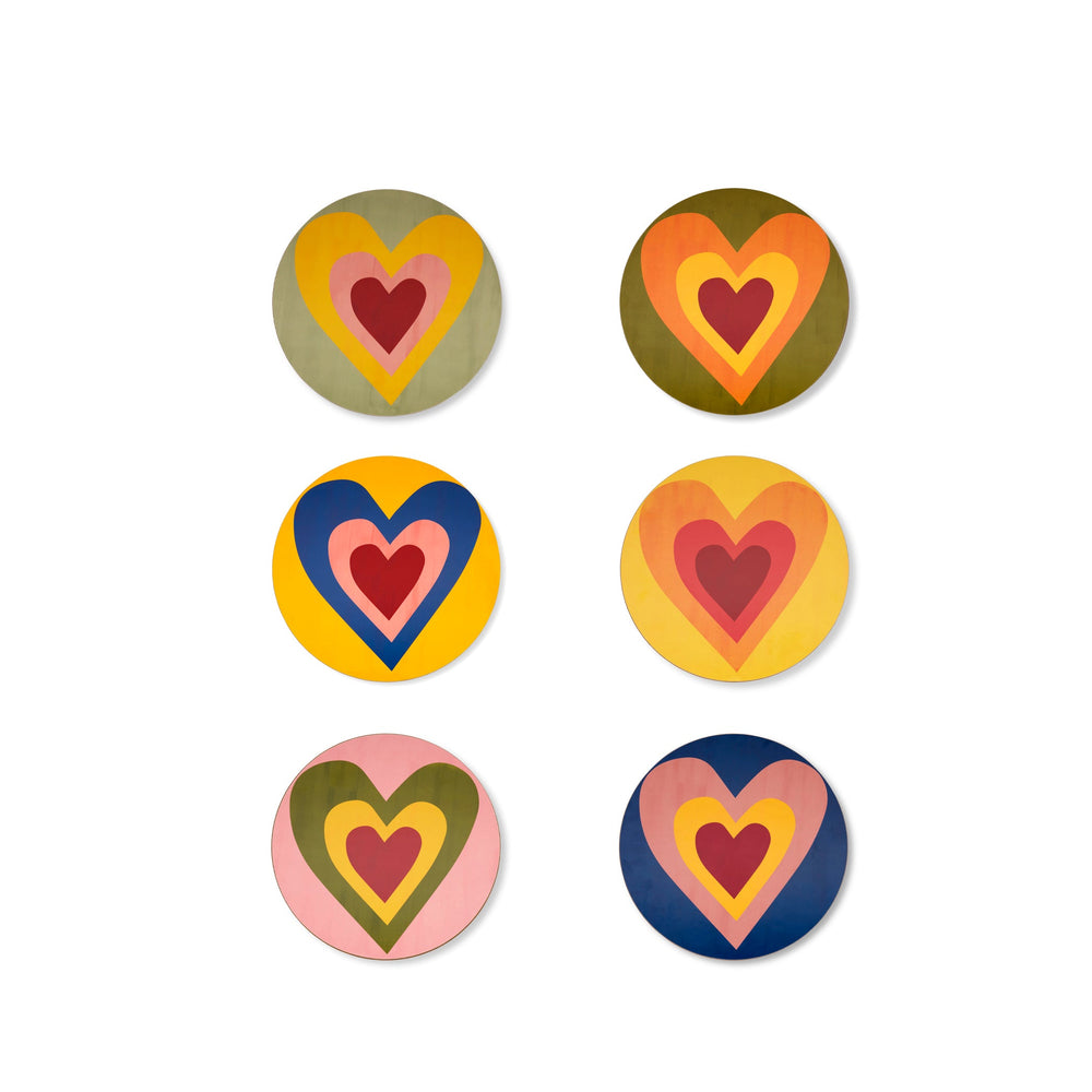 Set of 6 'Heart' Cork-Backed Placemats/Chargers in Mixed Colours