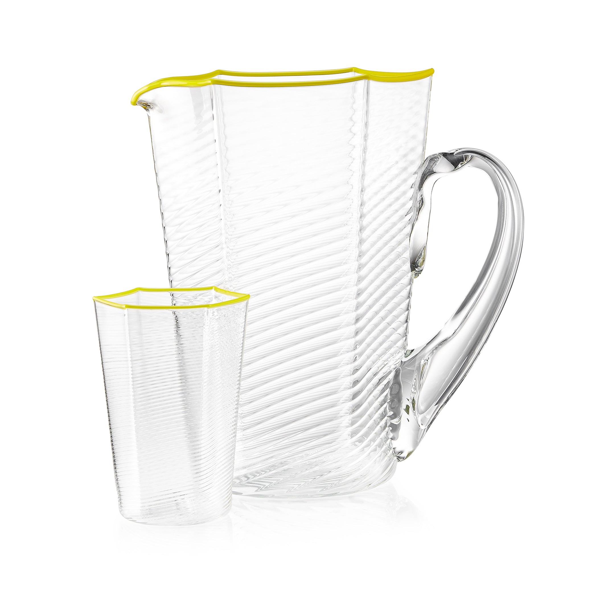 Handblown Hexagonal Ridged Glass Water Jug with Yellow Rim
