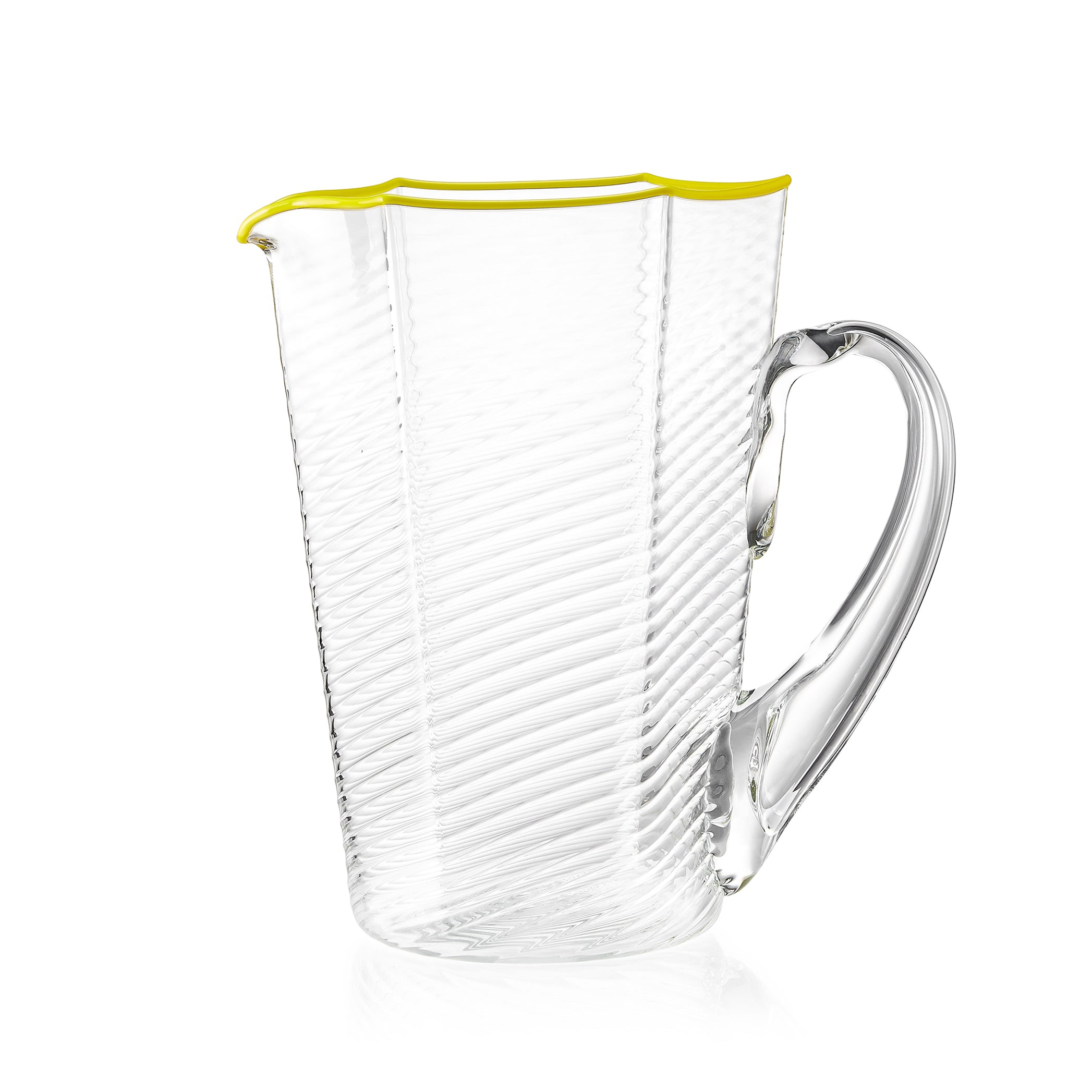 Handblown Hexagonal Ridged Glass Water Jug with Yellow Rim