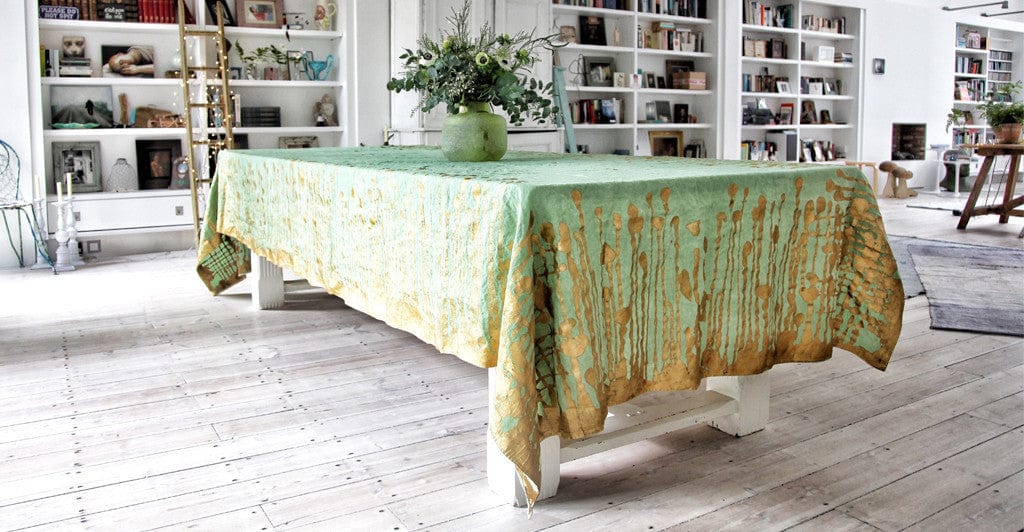 Ink Linen Tablecloth in Light Green with Gold Drips