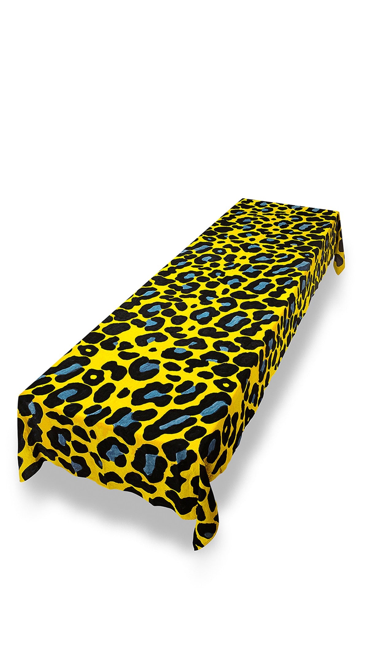 Fierce Leopard Linen Tablecloth in Lemon Yellow with Powder And Midnight Blue Spots