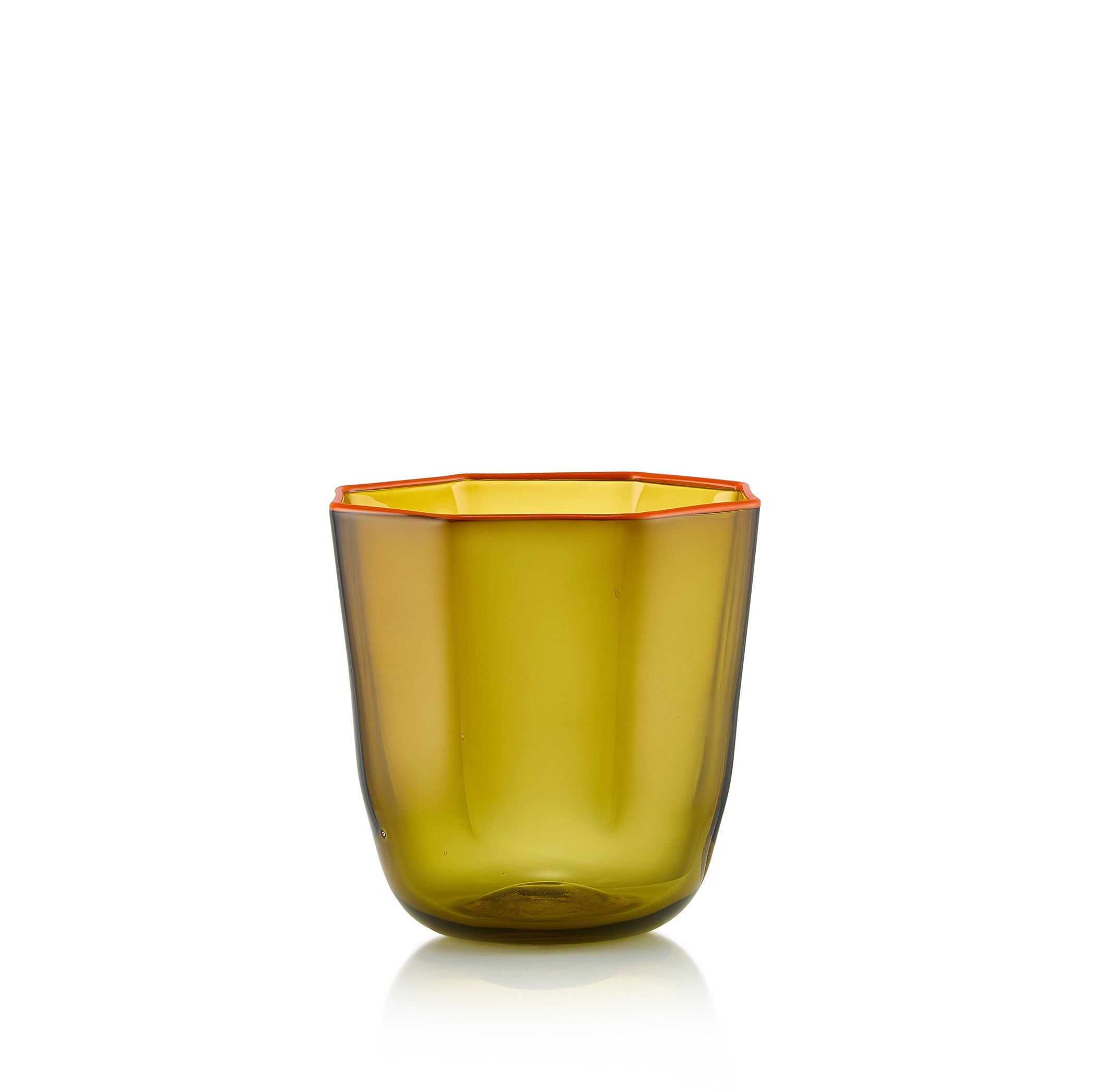 Handblown Octagonal Bumba Glass in Moss Green with Orange Rim, 30cl