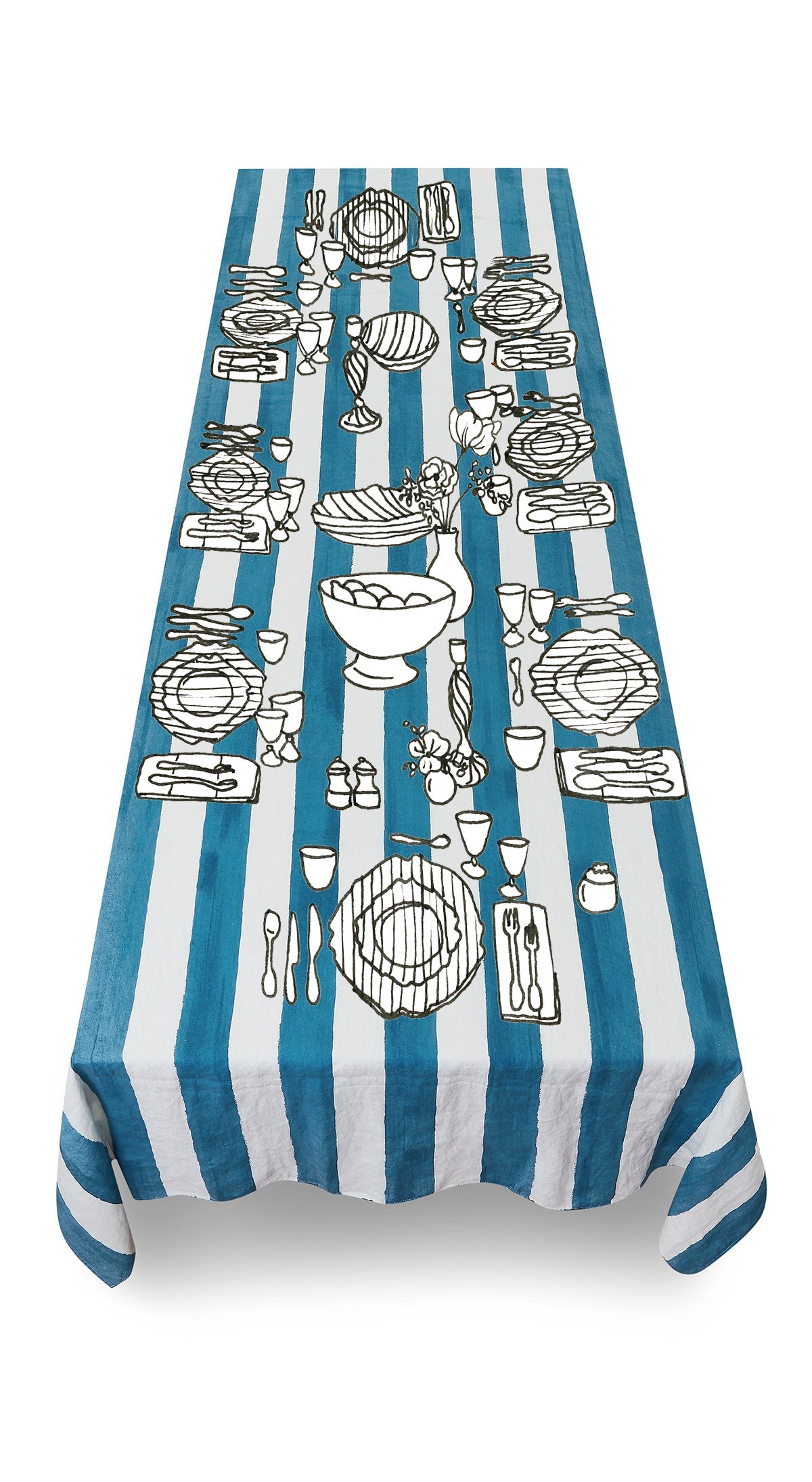 'Stripe' Linen Tablecloth in White & Blue