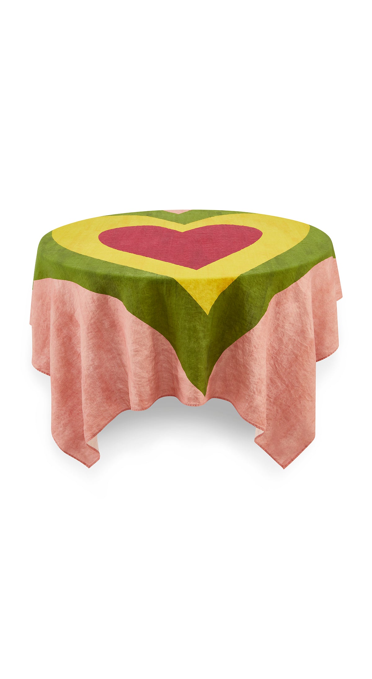 'Table for Two' Square Linen Heart Tablecloth in Pink, Green, Yellow & Red, 165cm x 165cm