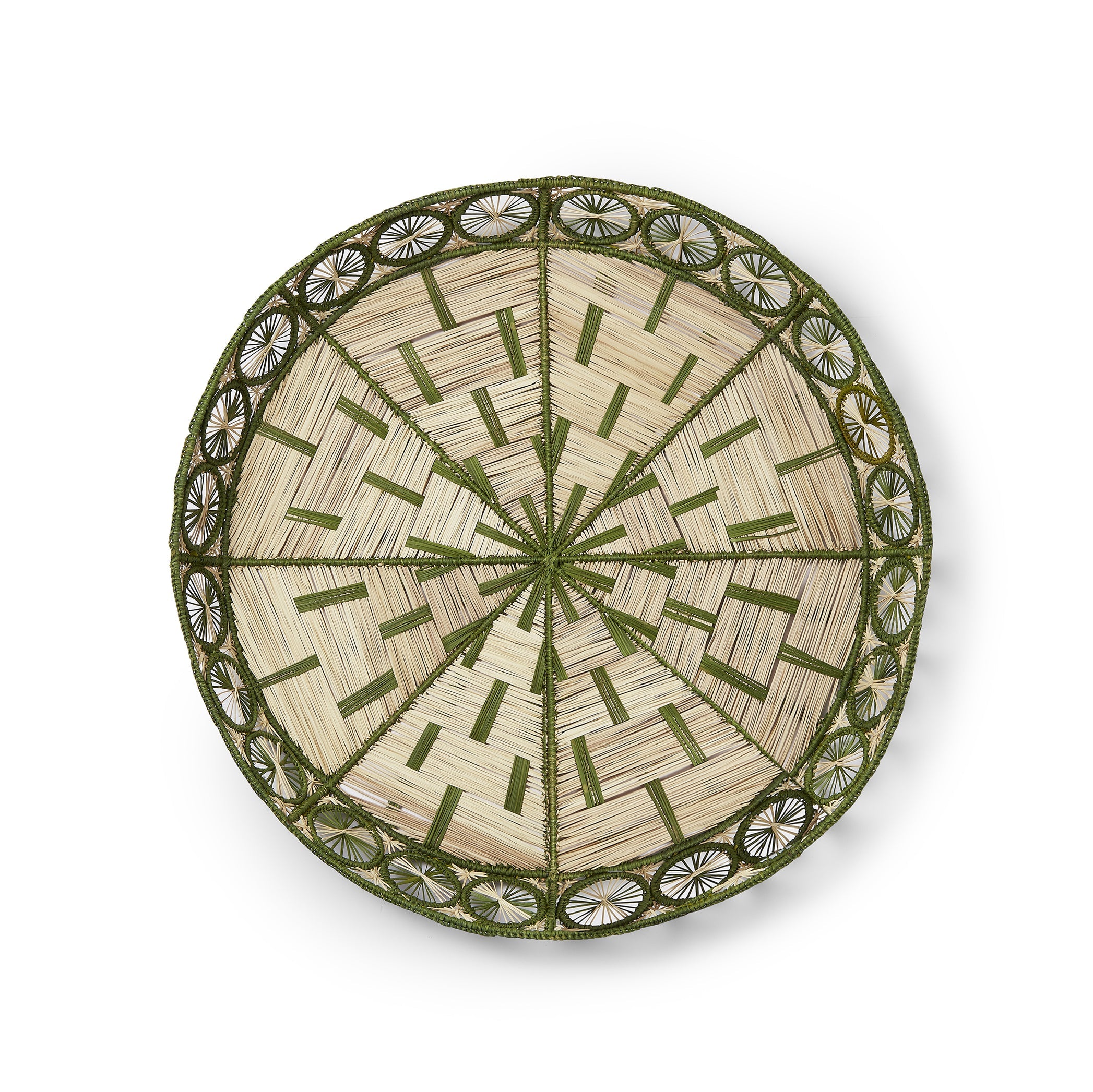 Handwoven Round Tray in Natural and Green, 50cm