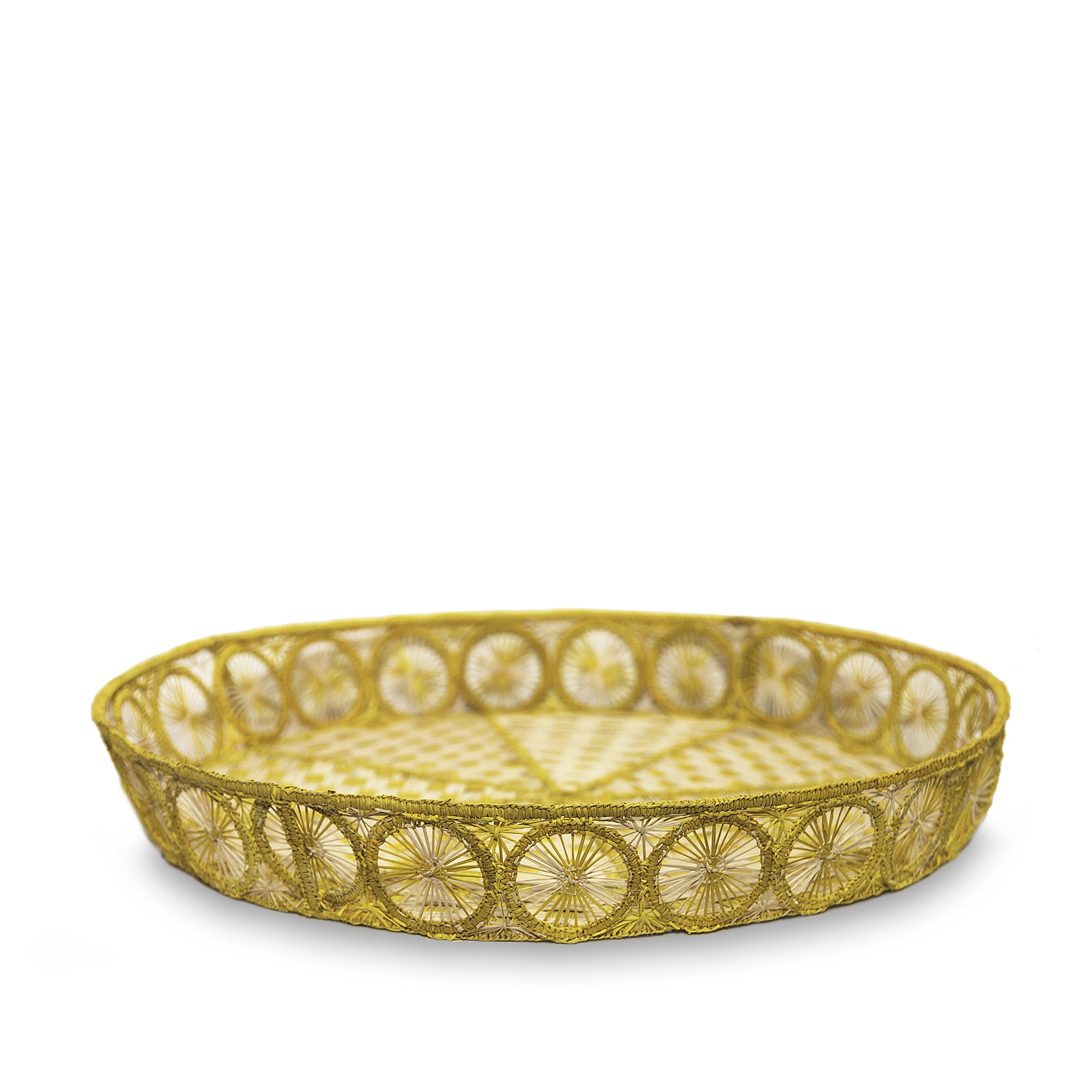 Handwoven Round Tray in Natural and Yellow, 50cm